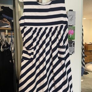 XL navy and white striped mini dress with small pockets.